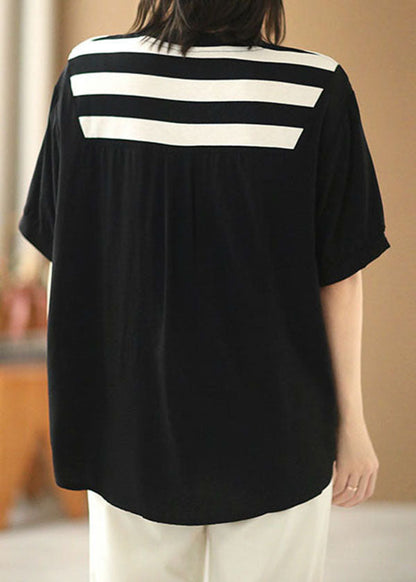 Black V Neck Patchwork Striped Silk Fake Two Piece Shirt Top Short Sleeve
