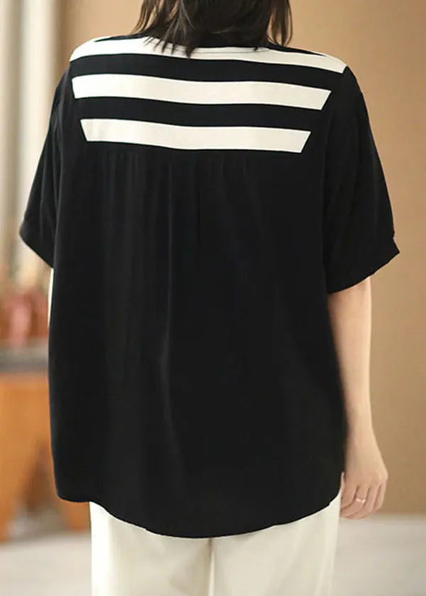 Black V Neck Patchwork Striped Silk Fake Two Piece Shirt Top Short Sleeve