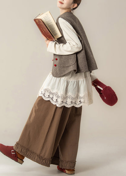 Coffee Pockets Woolen Waistcoat and Ruffled Pants Hollow Out T Shirt Cotton Three Pieces Set Fall