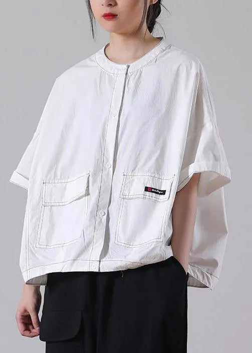 White Pockets Cotton Shirt Tops Summer