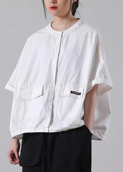 White Pockets Cotton Shirt Tops Summer