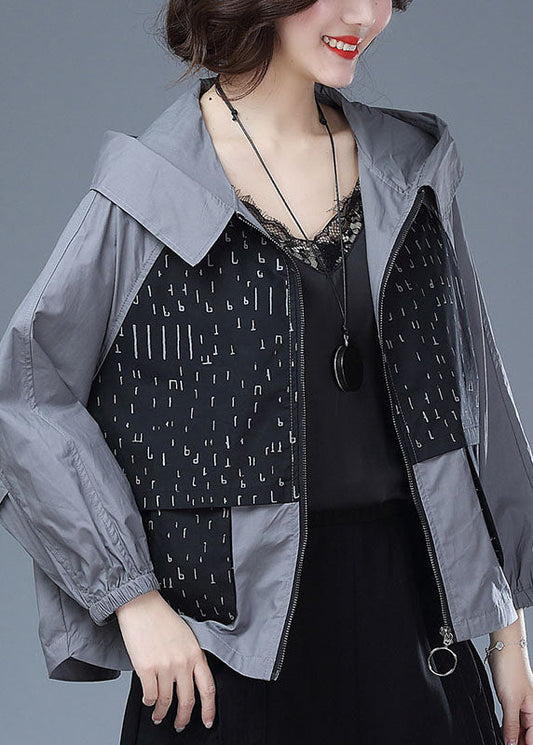 Black Hooded Print Pockets Patchwork Cotton Tops Coats Fall