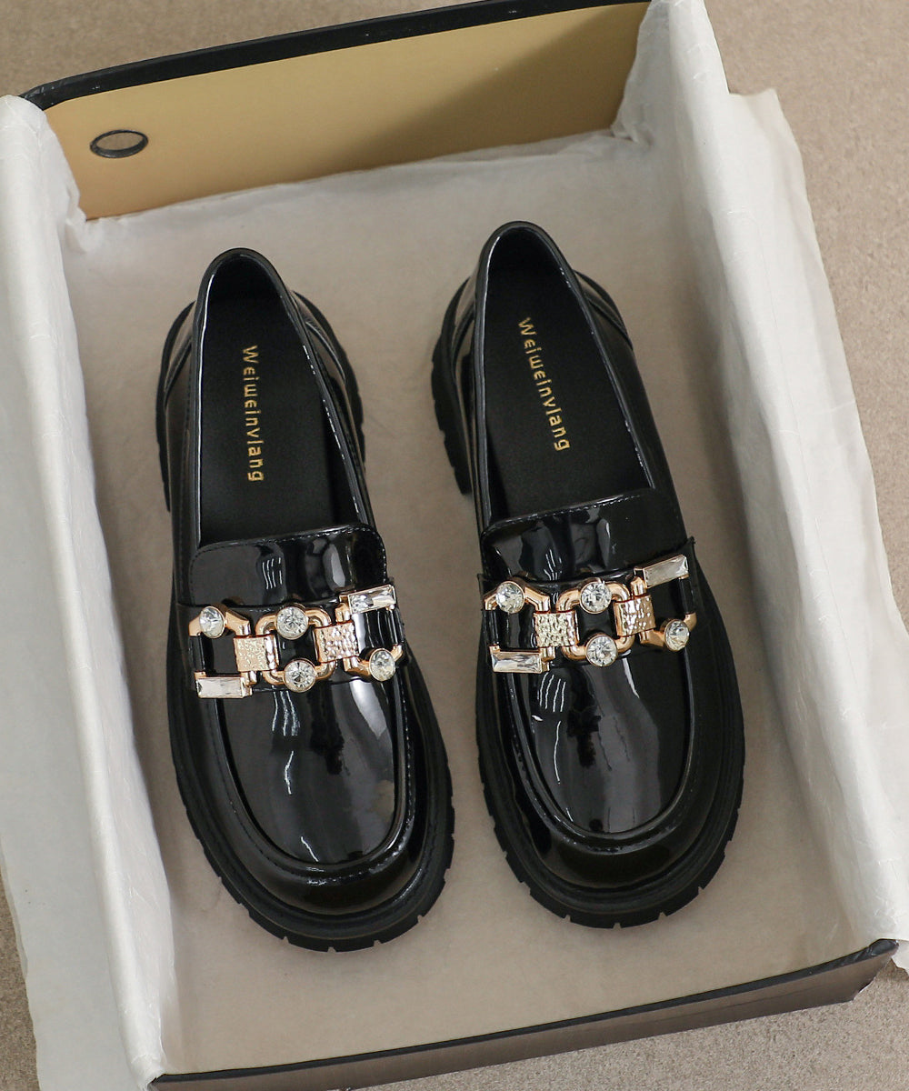 Black Zircon Platform Faux Leather Splicing Loafers
