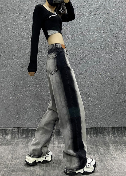 Colorblock Pockets High Waist Denim Wide Leg Pants Fall