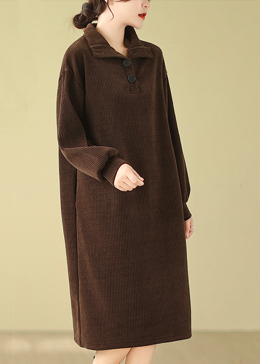 Boutique Coffee Hign Neck Button Corduroy Dress Fall