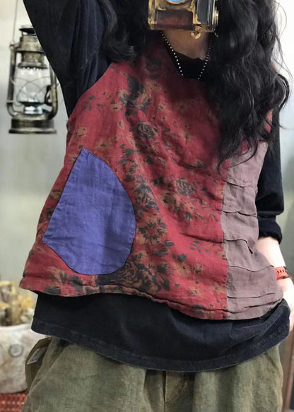 Chinese Style Red Pockets Side Open Patchwork Plaid Linen Vest Spring