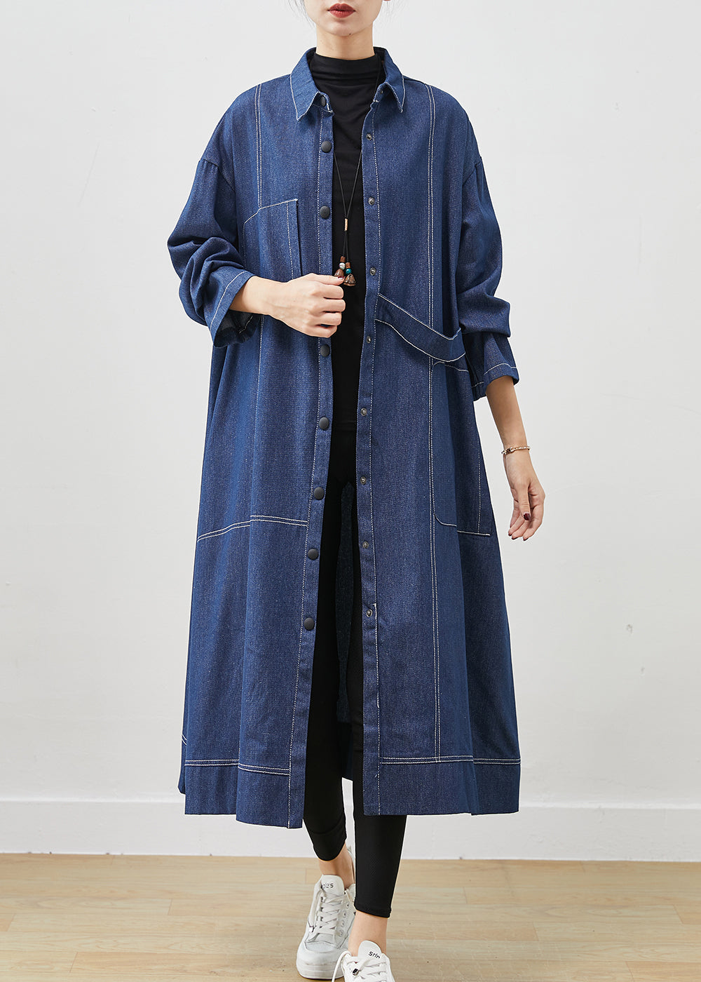 Navy Oversized Pockets Denim Coat Spring