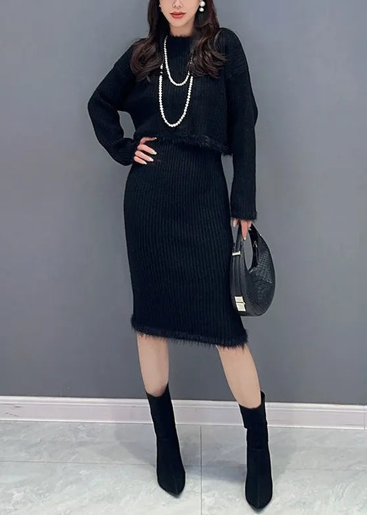 Slim Fit Black O Neck Patchwork Tops and Waistcoat Dress Knit Two Piece Set Fall