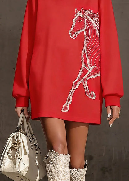 Organic Red O-neck Horse Zircon Pullover Spring