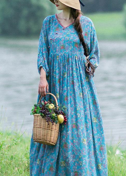 V Neck Cinched Spring Clothes Runway Blue Print Robes Dress