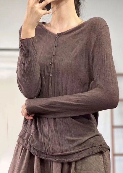 Chocolate V Neck Wrinkled Layered Cotton Shirt Top Fall
