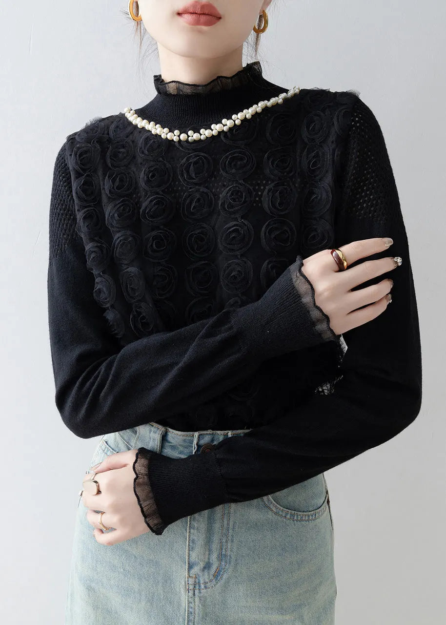 Black Decorated Knit Shirt Top Stand Collar Spring
