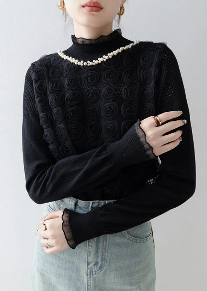 Black Decorated Knit Shirt Top Stand Collar Spring
