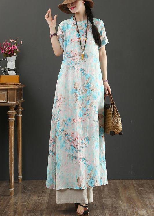 Comfy Blue Print Linen Short Sleeve Summer Vacation Dresses