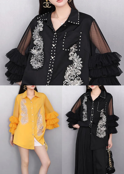 Black Rhinestone Hollow Out Chiffon Blouse Tops Flare Sleeve