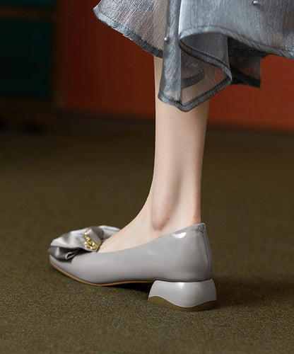 Classy Grey Chunky Flat Shoes Cowhide Leather Splicing Bow