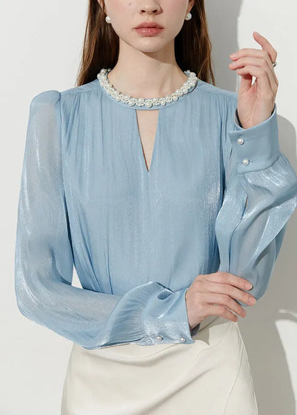 Boutique Blue Pearl Draping Silk Shitr Tops Spring
