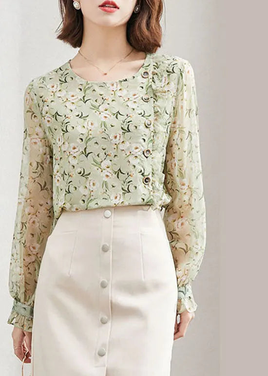 Unique Green O-neck Button Ruffled Print Chiffon Tops Spring