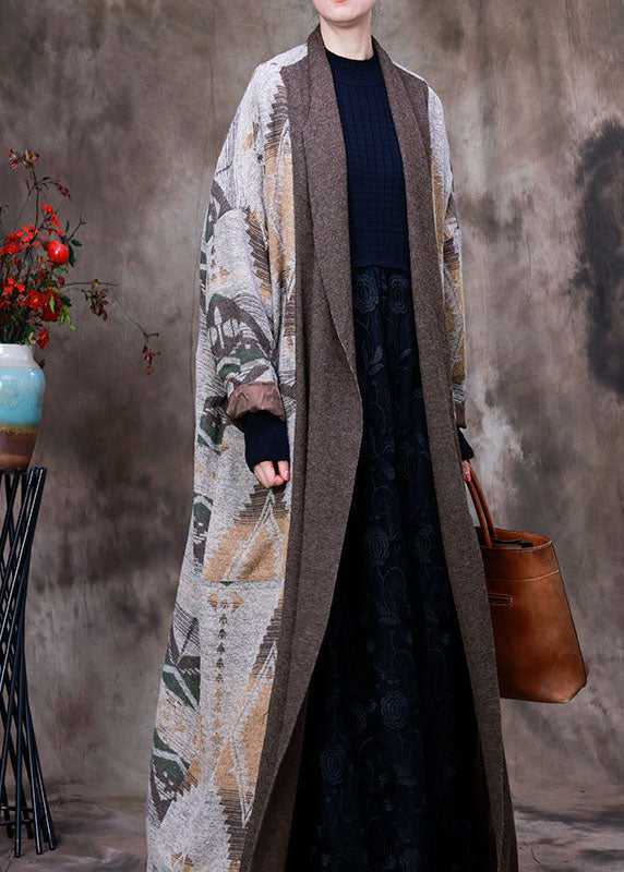 Organic Chocolate V Neck Print Asymmetrical Design Patchwork Fall Woolen Coat Long Sleeve
