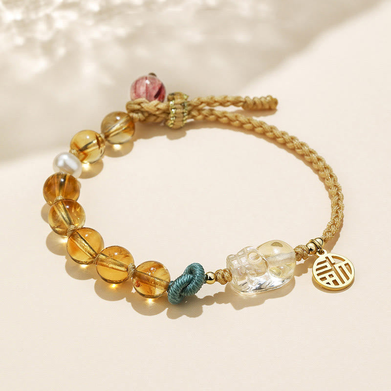 Buddha Stones Citrine Pixiu Fu Character Prosperity String Braided Bracelet