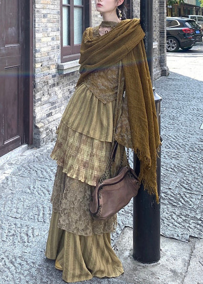 Style Green Print Top, Maxi Skirts and Shawl Three Piece Set Flare Sleeve