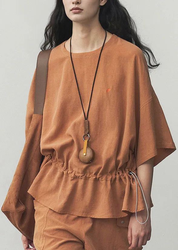 Orange O Neck Drawstring Cotton T Shirt Summer
