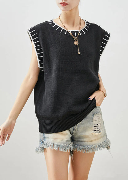 Black O-neck Striped Knit Vests Fall