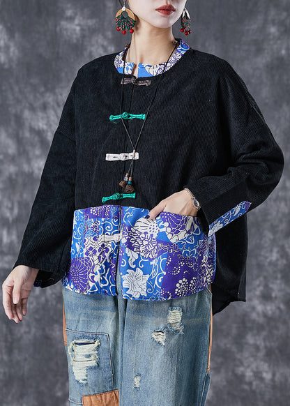 Black Print Patchwork Print Corduroy Coats Fall