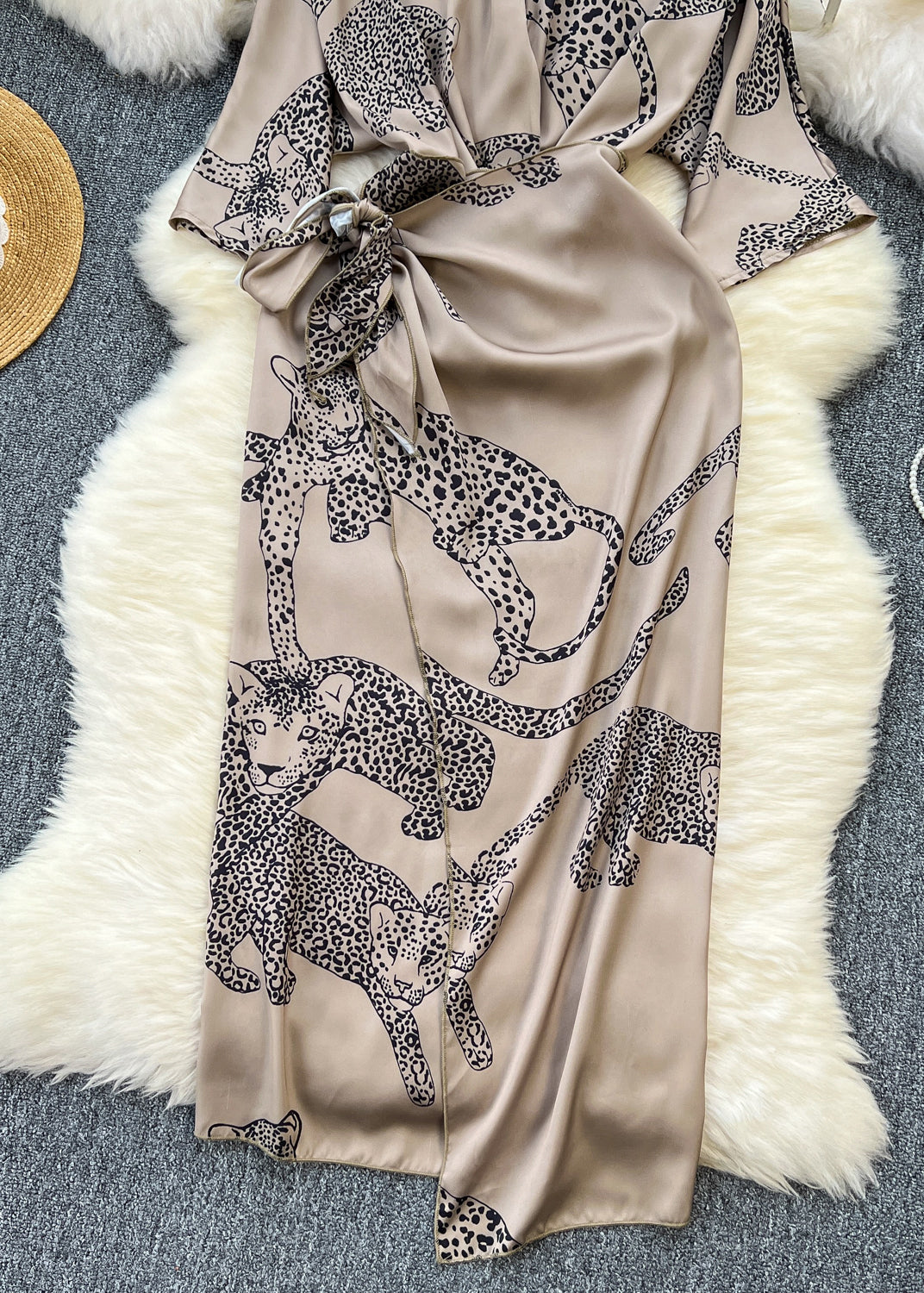 French Photo Color Print Lace Up Silk Dress Half Sleeve Summer