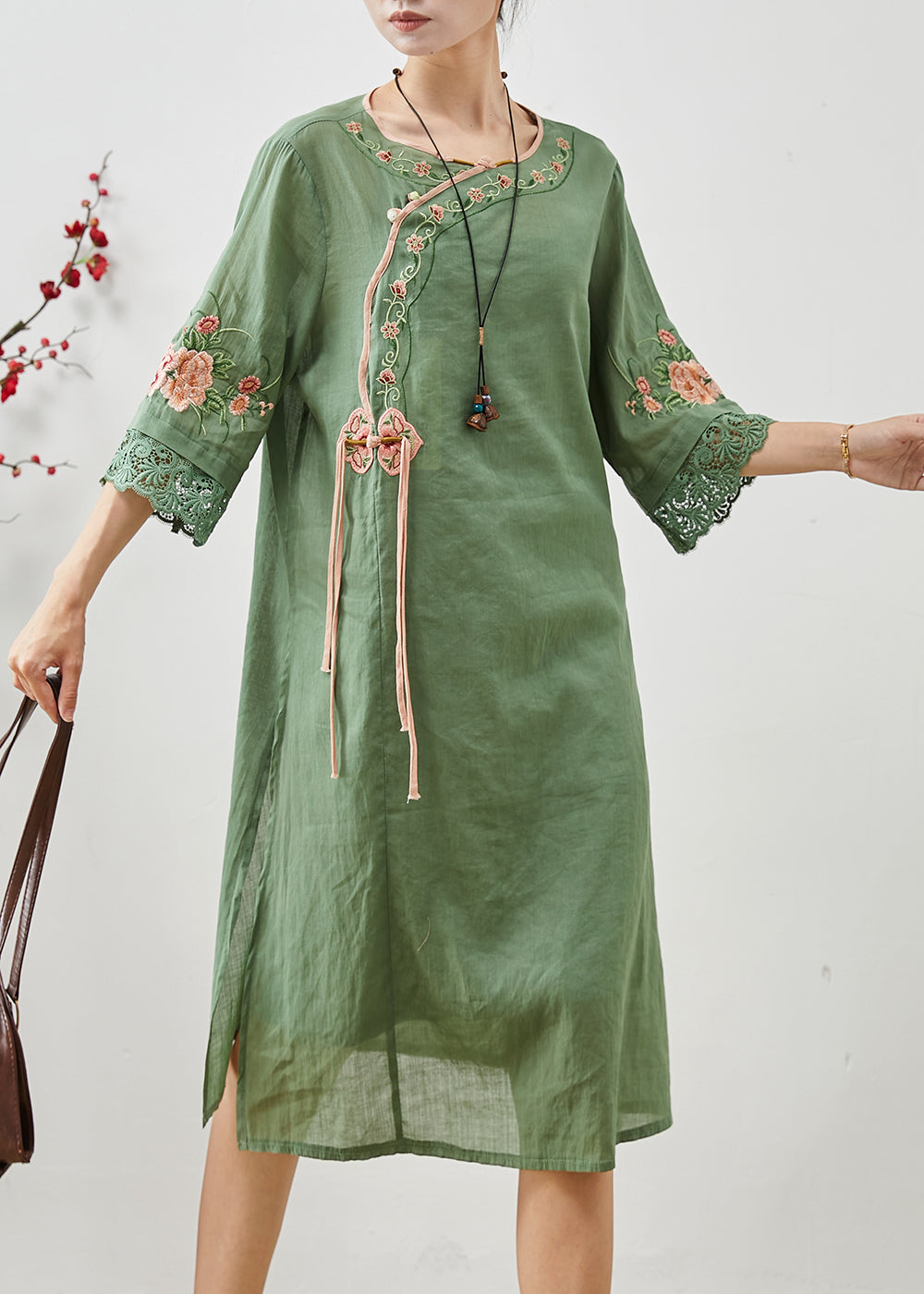 Green Tasseled Embroidered Linen Dresses Summer