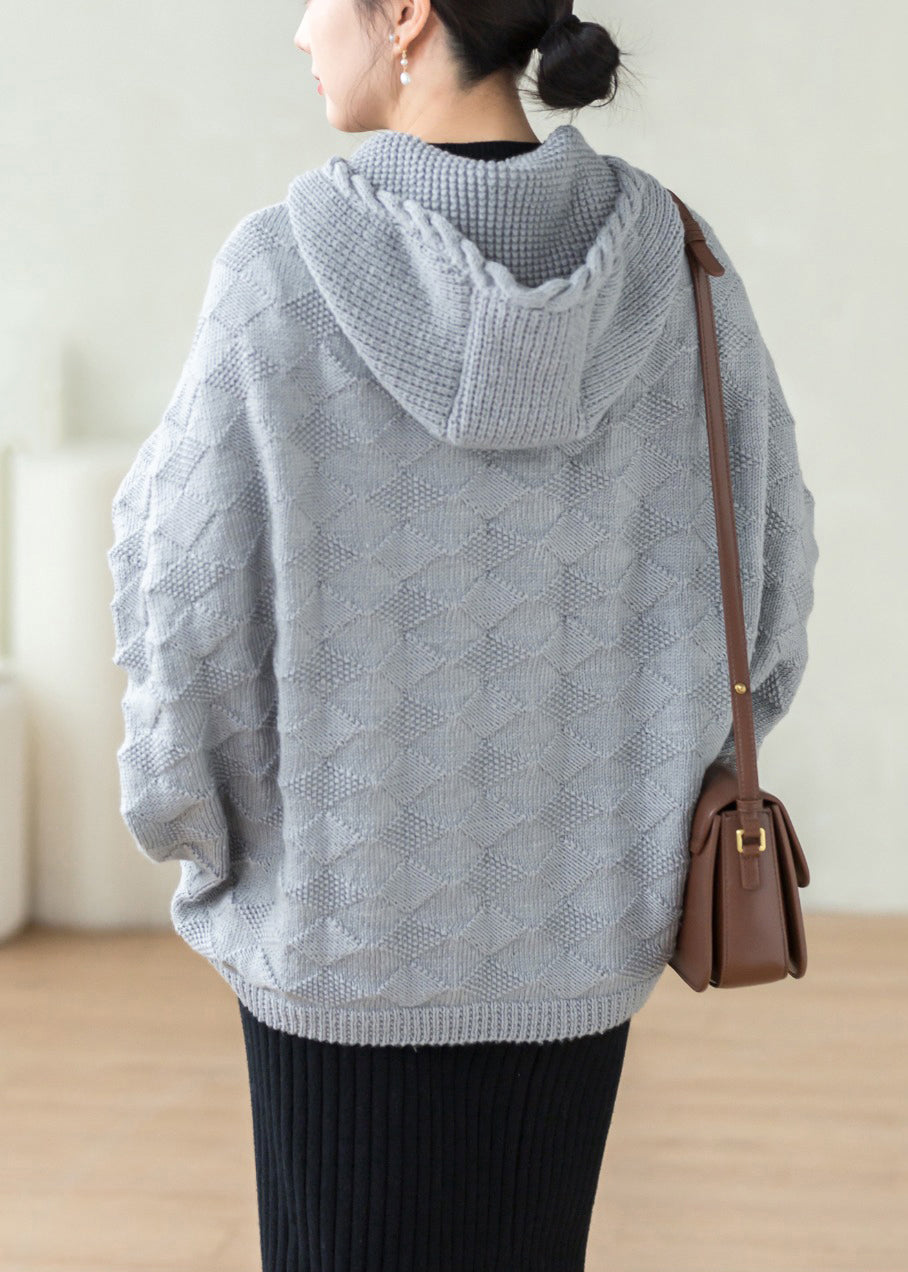 Grey Hooded Pockets Patchwork Knitted Cotton Thread Tops Fall