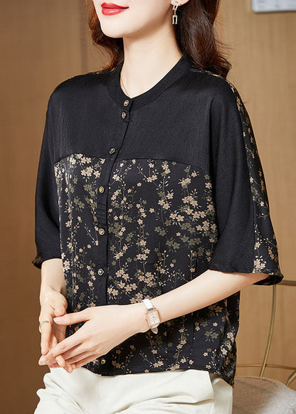 Small Print Patchwork Silk T Shirts O Neck Summer