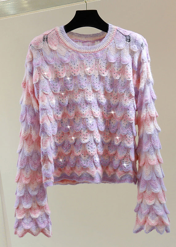 Blue O-neck Zippered Hollow Out Cotton Knit Sweater Flare Sleeve