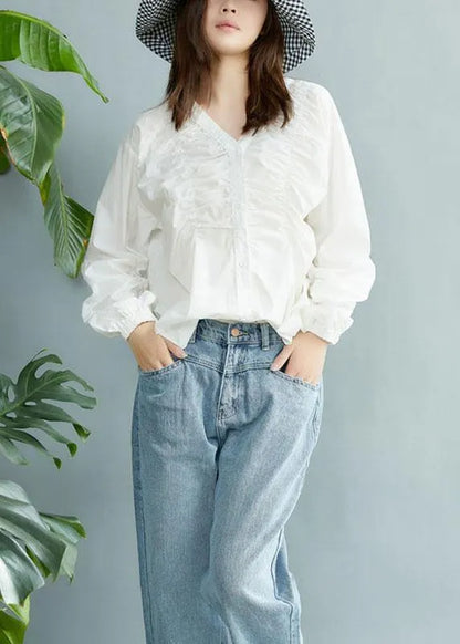 Boutique White V Neck Button Fall Long Sleeve Blouse Top