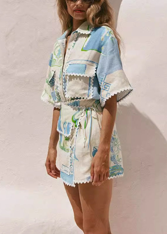 Peter Pan Collar Print Lace Up Cotton Two Piece Set Summer
