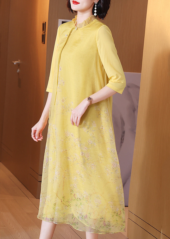 Chinese Style Yellow Ruffled Button Print Silk Long Dress Half Sleeve Summer