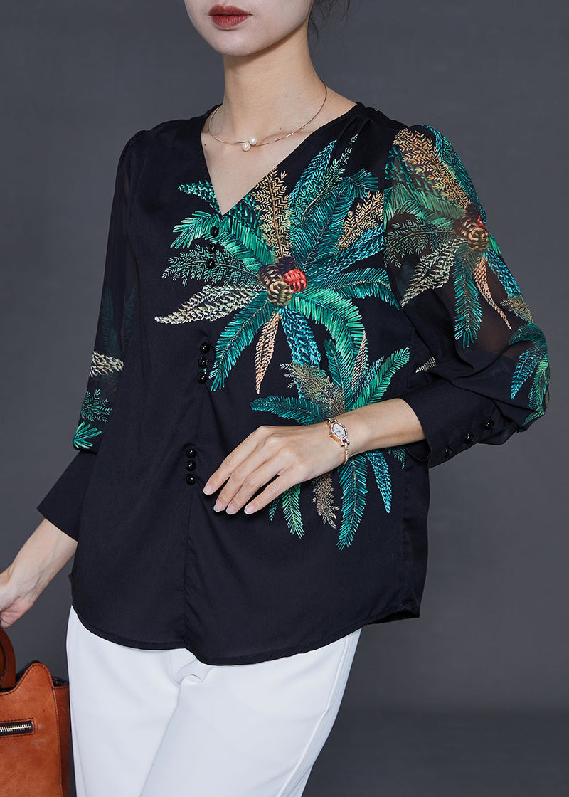 Black V Neck Leaf Print Chiffon Blouses Summer