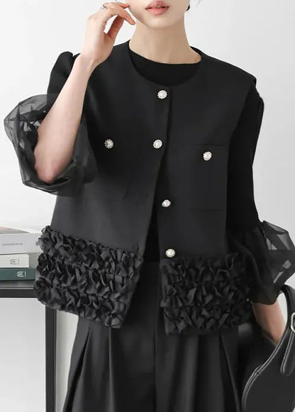 Black Patchwork Cotton Vests Ruffled Pearl Button Sleeveless