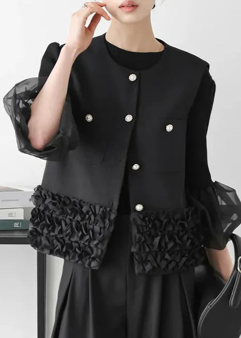 Black Patchwork Cotton Vests Ruffled Pearl Button Sleeveless