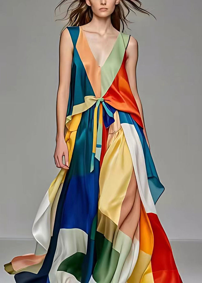 V Neck Lace Up Patchwork Silk Long Dresses Sleeveless (ships in 24hrs)