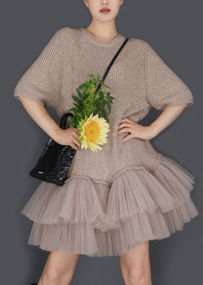 Oatmeal Color O Neck Wrinkled Tulle Patchwork Knit Sweater Dress