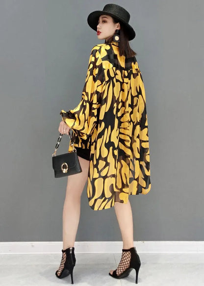 Yellow Peter Pan Collar Print Side Open Chiffon Long Shirt Lantern Sleeve