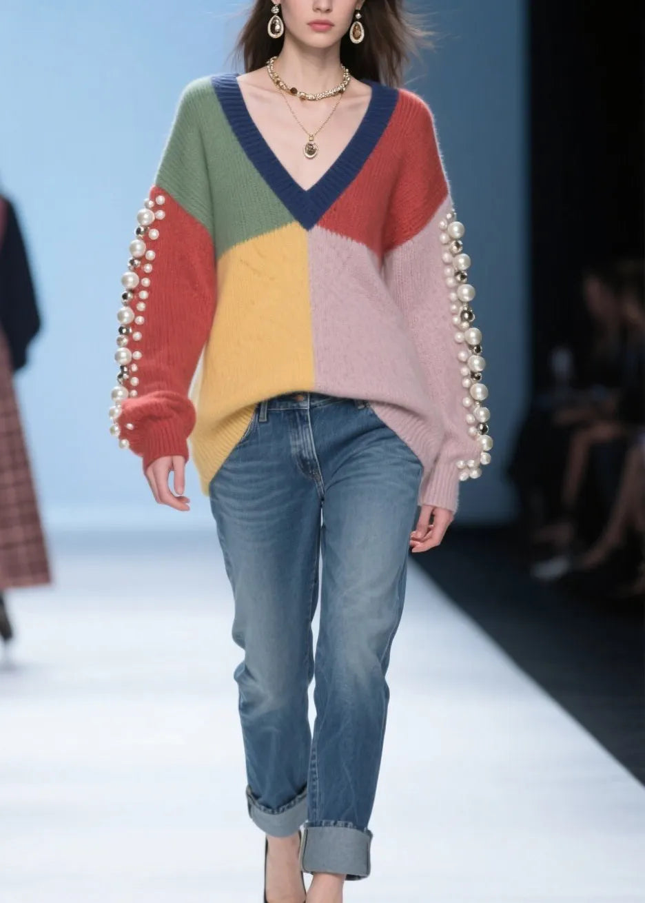 Original Colorblock V Neck Nail Bead Patchwork Knitted Sweaters Fall