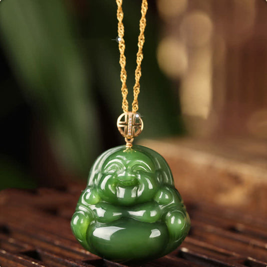 Buddha Stones 925 Sterling Silver Laughing Buddha Hetian Cyan Jade 18k Gold Success Necklace Chain Pendant