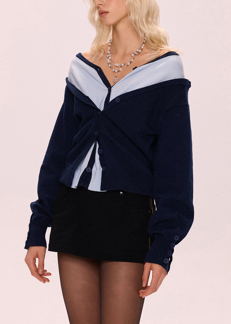 Loose Navy Button False Two Pieces Patchwork Knit Sweater Fall