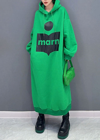 Green Print Cotton Hooded Maxi Dress Fall