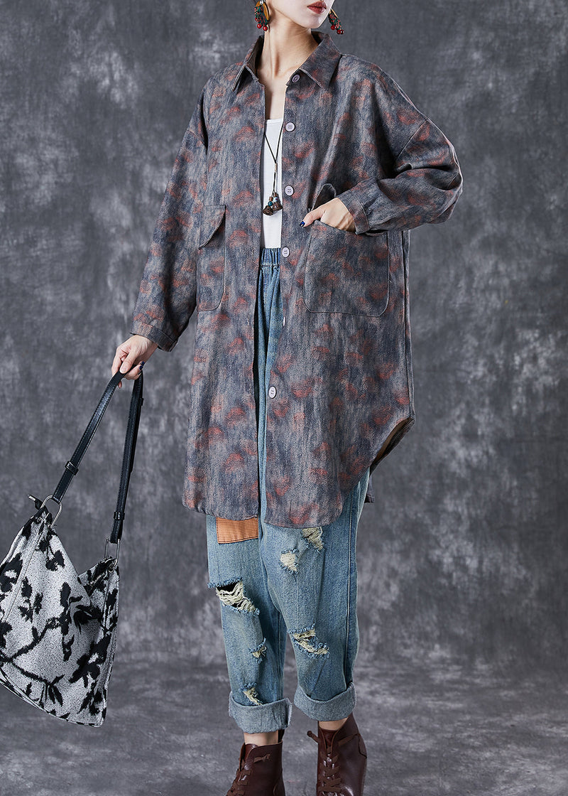 Grey Oversized Tie Dye Pockets Cotton Jackets Fall