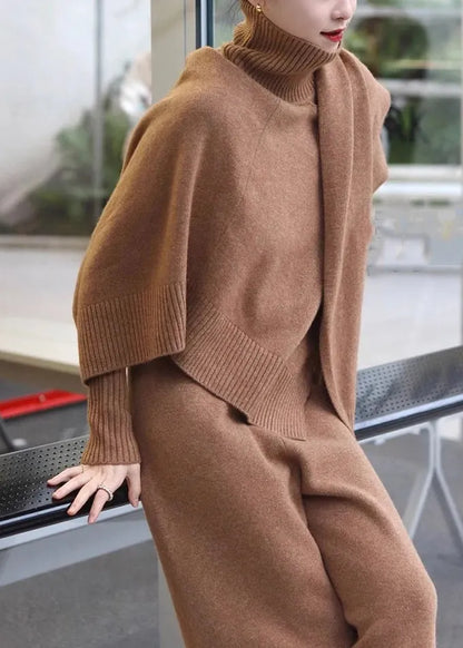 Khaki Turtleneck Knit Two Pieces Set Winter