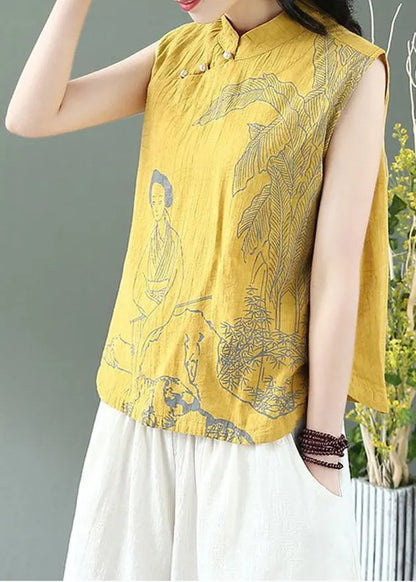 Handmade Yellow Mandarin Collar Linen Blouses Top Sleeveless
