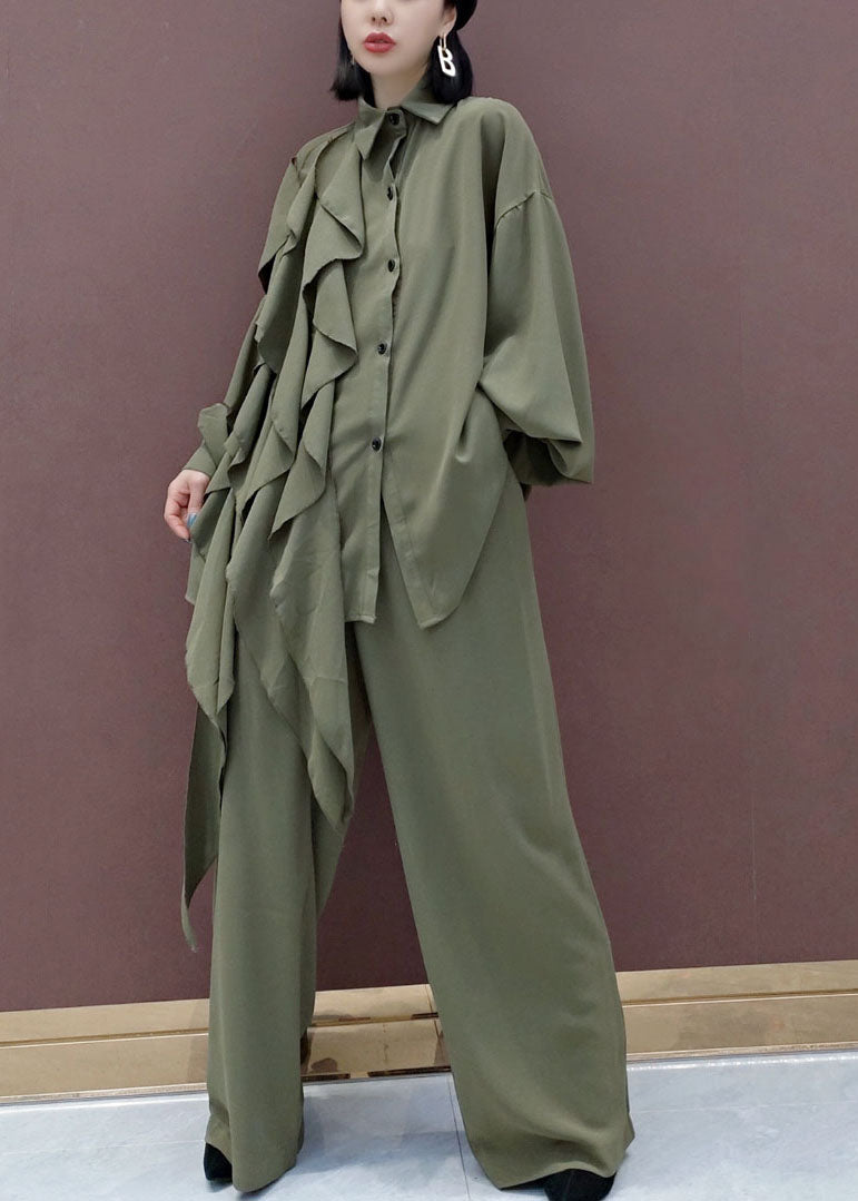 Modern Green Peter Pan Collar Asymmetrical Design Two Piece Set Spring